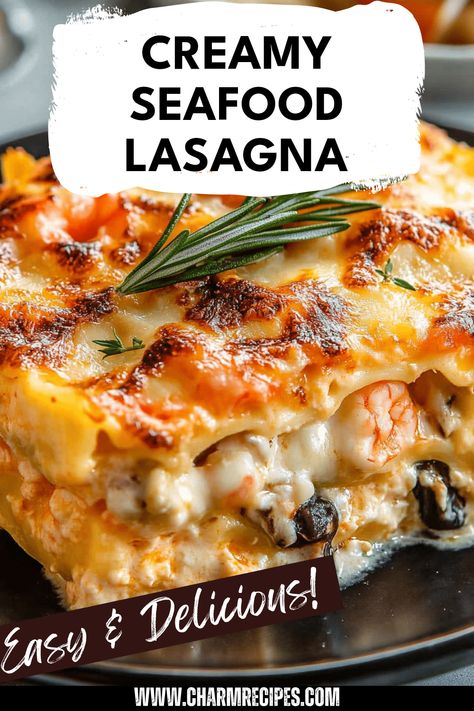 Looking for a crowd-pleaser that combines the flavors of the sea? Our Creamy Seafood Lasagna recipe layers tender pasta with a rich and creamy sauce, bursting with delicious shrimp, sweet scallops, and succulent crab. Topped with a gooey layer of melted cheese, each bite transports you smack into the heart of Italian cuisine. This seafood lasagna is perfect for family dinners, potlucks, or entertaining guests. Explore the joy of luxurious ingredients, comfort food at its finest, and easy preparation guaranteed to impress. Shrimp Pasta Casserole, Seafood For A Crowd, Seafood Dishes For A Crowd, Sweet Lasagna Recipe, Christmas Dinner Seafood, Lasagna Dinner Party Menu Ideas, Lobster Lasagna Recipe, Seafood Lasagna Roll Ups, Seafood Christmas Dinner Ideas