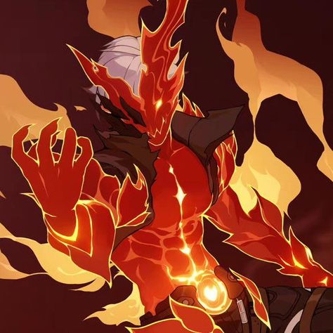 Fire God Character Design, Fire Power Ideas, Dragon Made Of Fire, Fire Armor Concept Art, Wrath Character Design, Red Skin Character Design, Fire Creature Art, Fire Head Oc, Lava Person