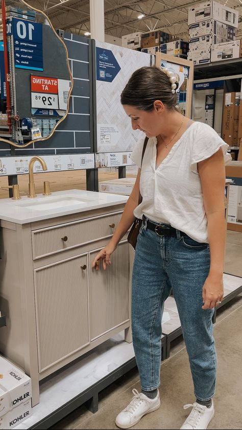 LOWE'S DEALS: THE BEST FLUTED BATHROOM VANITY (WITH A CABINET) — KENDRA FOUND IT 36in Bathroom Vanity, Diy Fluted Bathroom Vanity, Diy Fluted Vanity, Fluted Bathroom Vanity, Lowes Vanity, Fluted Bathroom, Mcgee And Co, House Color Palettes, Walmart Fashion