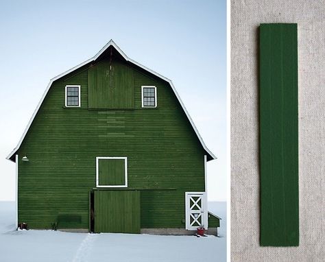 A red-stained barn is hard to beat, but this brilliant Irish green comes close. Olympic Solid Stain in Forest is a good match. Green Barn, Gambrel Roof, Country Barns, Farm Barn, Old Barns, Old Barn, The Design Files, Old Buildings, On The Ground