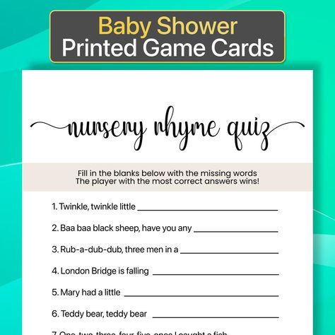 Printed Baby Shower Nursery Rhyme Game Printed Nursery Rhyme Quiz Printed Nursery Rhyme Baby Shower Game Baby Shower Nursery Rhyme Quiz by 1024Custom on Etsy Nursery Rhyme Baby Shower Game, Nursery Rhyme Game, Baby Quiz, Nursery Rhyme Quiz, Baby Trivia, Family Feud Game, Price Is Right Games, Nursery Rhymes Games, Scramble Game