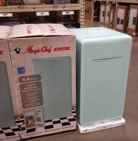 Magic Chef Retro Edition small refrigerator - in mint, red, and white - Retro Renovation Small Retro Fridge, Magic Chef Mini Fridge, Small Fridge In Bedroom, Mini Refrigerator Bedroom, Camper Appliances, Vintage Mini Fridge, Mini Fridge In Bedroom, Retro Mini Fridge, Retro Basement