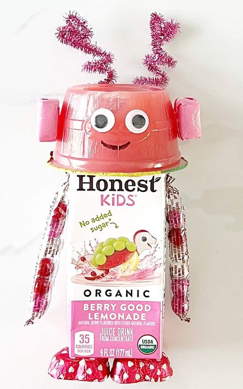 Robot Valentine Treat Juice Box Robot Valentines, Juicebox Valentines For Kids, Robot Valentine Box Ideas Juice, Valentines Robot Snacks, Healthy Valentines Treats For Kids School, Valentine Robot Juice Boxes, Valentines Toddler Snacks, Toddler Valentine Snacks, Valentine's Day For Kids