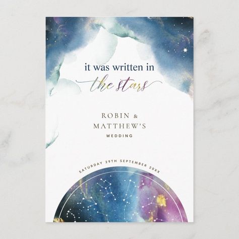 Unique, Elegant Celestial Theme Watercolor Menu  Zazzle Moon Wedding Theme, Bridal Brunch Ideas, Unique Bridal Shower Invites, Stars Watercolor, Watercolor Menu, Teal Wedding Invitations, Cosmic Galaxy, Celestial Stars, Bridal Shower Themes