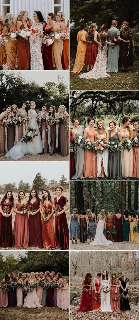 Fall Wedding Color Pallet Ideas Bridesmaid Dresses For Fall, Mixed Bridesmaid Dresses, Mix And Match Bridesmaid Dresses, Fall Wedding Trends, Different Bridesmaid Dresses, Mix Match Bridesmaids, Rustic Bridesmaids, Fall Wedding Bridesmaids, Dresses For Fall