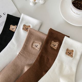 Look hipster cute with these socks that go over your ankles and embroidered with a cute teddy bear on the sides. Comes in a set of three; available in black, brown, khaki and white. Cute Socks Aesthetic, Socks Photoshoot, Disney Inspired Nursery, Beige Socks, Socks Aesthetic, Embroidered Socks, Knit Leg Warmers, Sock Outfits, Lace Socks