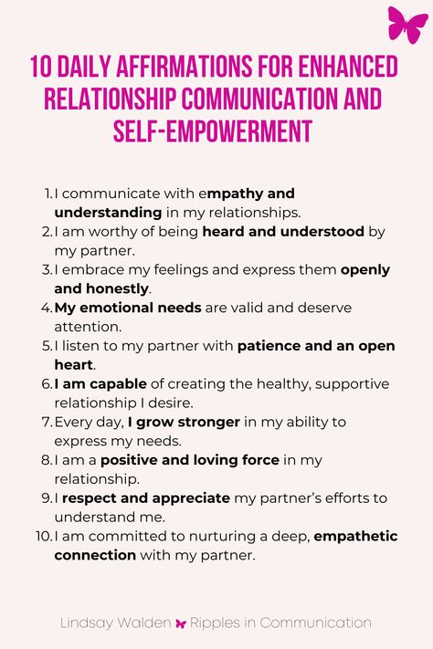 Boost your relationship communication and self-confidence with these 10 daily affirmations. Whether it's fostering empathy, enhancing understanding, or expressing your needs, these affirmations are designed to empower you and strengthen your partnership. Dive into our blog for more relationship insights. #DailyAffirmations #HealthyRelationships Relationship Communication, Empowering Affirmations, Better Relationship, Gratitude Challenge, Communication Relationship, Change Your Mindset, Practice Gratitude, Emotional Support, Positive Life