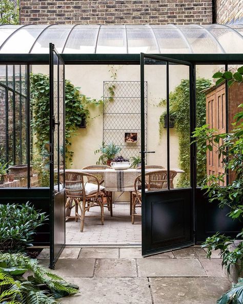 P H I L A M E N A . on Instagram: “Heavenly steel-framed conservatory by Serres d’Antan, any outside space is a blessing right now and this little spot looks particularly…” Ben Pentreath, Decking Ideas, West Facing Garden, Georgian House, Urban Gardens, Brick Paving, Enclosed Patio, Garden Rooms, Georgian Homes