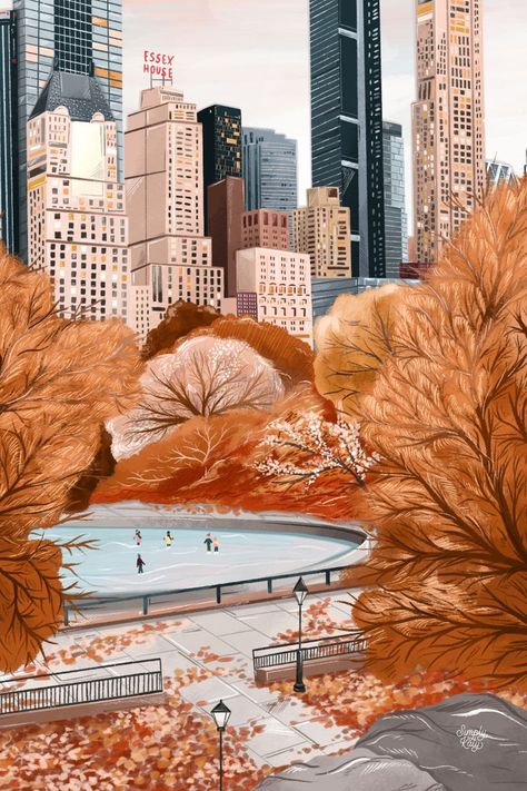 Simply Katy, New York Illustration, New York Wallpaper, Autumn In New York, Cute Fall Wallpaper, Autumn Illustration, Park Art, New York Art, Winter Wallpaper