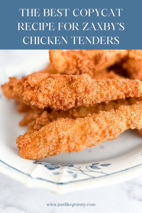 If you’re craving that crispy, flavorful experience of Zaxby’s chicken tenders, this copycat recipe will surely satisfy. Double-dipped in a seasoned flour and bread crumb mixture then deep-fried to perfection, these chicken tenders pair perfectly with the homemade ranch dressing recipe. Make it for your next family dinner. This is a super kids friendly recipe. Find it at justlikegranny.com Double Breaded Chicken Tenders, Zaxbys Chicken Tenders Recipe, Zaxbys Recipe, Zaxbys Chicken Recipe, Homemade Chicken Fingers, Spicy Chicken Tenders, Fried Breaded Chicken, Fried Chicken Batter, Chicken Strip