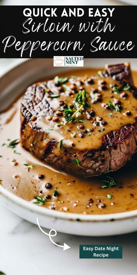 Elevate your steak dinners with this pan-seared sirloin steak, drizzled in a rich peppercorn sauce. Ideal for a romantic date night in or a special Valentine's dinner, this easy sirloin recipe brings the elegance of steak au poivre to your table. With straightforward instructions for pan-searing or grilling, you can create a mouthwatering meal that's both healthy and indulgent. Impress your loved one with this simple yet exquisite steak recipe! Steak In Sauce Recipes, Peppercorn Marinade For Steak, Peppercorn Demi Glaze, Sirloin Top Steak Recipes, Sirloin Steak Tips Recipes Easy, Top Sirloin Steak Dinner Ideas, Pan Seared Tenderloin Steak, Peppercorn Steak Recipe, Recipes With Petite Sirloin Steak