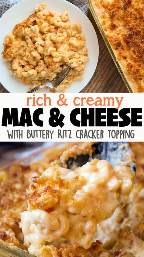 Creamy, cheesy, rich and indulgent! YUM! ?This extra Creamy Mac and Cheese is made with a blend of four cheeses & topped with Ritz Crackers and butter, then baked for a buttery crispy crust! Perfect as a side dish for the holidays, special occasions, or a weeknight splurge! Click ?for the full detailed recipe and video! #macaroni #macandcheese #macaroniandcheese #sidedish #holidayrecipes #thanksgivingrecipes Homemade Mac And Cheese Recipe With Ritz Crackers, Mac And Cheese Recipe With Ritz Crackers, Ritz Mac And Cheese, Cornflake Mac And Cheese, Mac And Cheese With Ritz Cracker Topping, Ritz Cracker Mac And Cheese, Ritz Cracker Crust, Macncheese Recipe, Creamy Baked Mac And Cheese