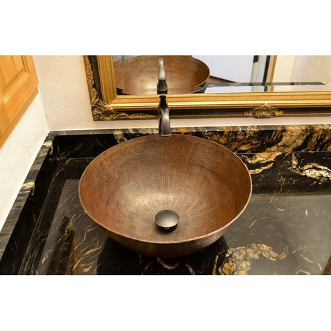 Premier Copper Products 15" Medium Round Vessel Hammered Copper Sink | Wayfair Stone Tile Bathroom, Hammered Copper Sink, Copper Vessel Sinks, Copper Sink Bathroom, Copper Vessel, Copper Bathroom, Barn Door Kit, Copper Glass, Copper Sink