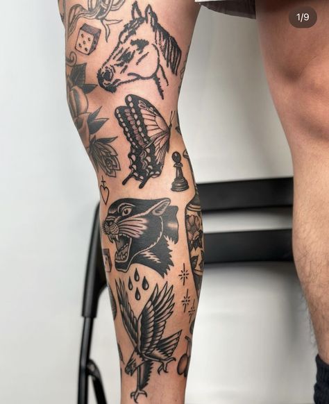 Black Traditional Tattoo Old School Leg, Male Knee Tattoo, Traditional Sleeve Tattoo Men, Trad Leg Sleeve, Leg Traditional Tattoo, Traditional Leg Tattoo Men, Feet Tattoos For Men, Traditional Shin Tattoo, Traditional Tattoos Leg