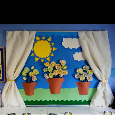 Spring bulletin board Window Bulletin Board, Spring Bulletin Boards Preschool, Easter Bulletin Boards, Welcome Bulletin Boards, Work Bulletin Boards, Summer Bulletin Boards, Spring Bulletin, Spring Bulletin Boards, Spring Classroom