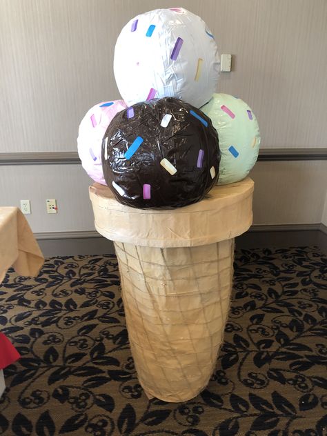 Made out of cardboard, butcher paper, and paper mache. Beach balls were the ice cream scoops! Giant Ice Cream, Candyland Theme, Christmas Outdoors, Ice Cream Party Decorations, Paper Mache Projects, Candy Birthday, Beach Balls, Candy Birthday Party, Art Cafe