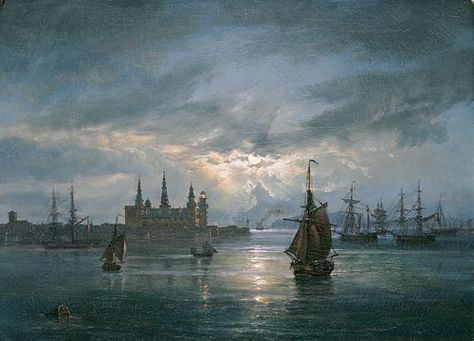 Johan Christian Dahl (1788-1857) <em>Kronborg Castle by Moonlight</em> National Museum of Art, Architecture and Design, Oslo. Hans Dahl, Kronborg Castle, Johan Christian Dahl, Night Paintings, Moonlit Landscape, Lovely Paintings, Romantic Landscape, Castle Drawing, Art Periods