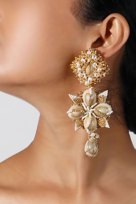 Buy Vaidaan Charvi Hand Embroidered Earrings Online | Aza Fashions Kori Jewellery, Neck Pics, Long Earrings Gold, Western Jewellery, Ear Piercing Studs, Hand Embroidered Jewelry, Embroidered Earrings, Bridal Jewels, Wedding Indian