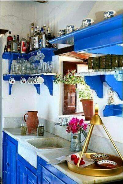 Greek Home Decor, Greek Homes, Greek Cafe, Greek Decor, Mediterranean Interior, Greek Blue, Greek Tradition, Greek House, Greek Design