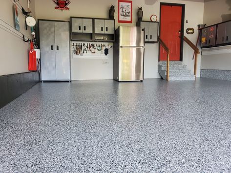 Hypoxy Garage Floor, Garage Cement Floor Ideas, Apoxsee Garage Floors, Garage Apoxsee, Refinish Garage Floor, Speckled Garage Floor, Resurface Garage Floor, Epoxy Garage Floor Designs, Garage Floor Sealer