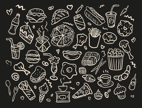 Set of fast food icons hand drawn in the... | Premium Vector #Freepik #vector #fast-food-background #burger #burger-pattern #fast-food Icons Hand Drawn, Food Background, Line Doodles, Flat Design Illustration, Food Patterns, Food Backgrounds, Logo Psd, Technology Icon, Card Banner