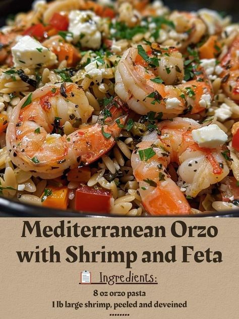 Orzo With Shrimp And Feta, Orzo With Shrimp, Mediterranean Orzo, Recipes Mediterranean, Mediterranean Kitchen, Large Shrimp, Orzo Pasta, Orzo, Kitchen Recipes