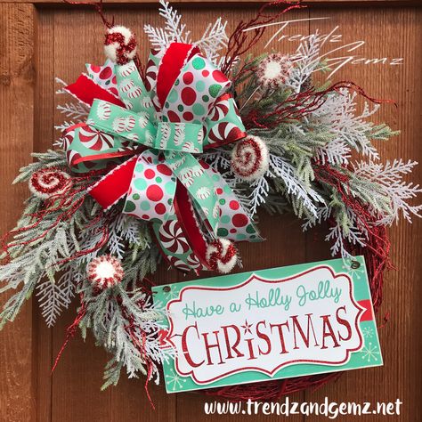 Red and mint Christmas wreath door decor hanger #doordecor #christmas #ChristmasDecor #whimsicalgifts #whimsicalwreath #aquareddecor #aquachristmas #mintgreen #peppermintdecor Mint And Red Christmas, Christmas Wreath Door, Green And Red Christmas, Mint Christmas, Aqua Christmas, Red Christmas Wreath, Red Christmas Decor, Ideas Navidad, Wreaths For Sale