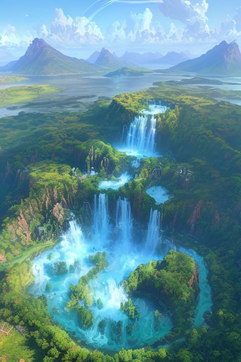 Water Civilization, Majestic Waterfall, Rpg World, Fantasy Tree, Fantasy World Map, Waterfall Art, Fantasy Worlds, Fantasy Island, Fantasy City