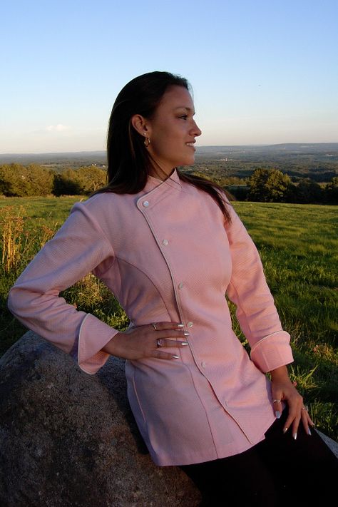 Women's Chef Coat Style BSW105: Shown in Peach, 100% cotton petti point pique, ivory piping (cuffs, collar & front) & faux Mother-of-Pearl buttons. Chef Coat Design, Chef Jackets Women, Chef Jackets Design, Nursing Outfits, Chef Dress, Jackets Design, Chef Coats, Chef Uniforms, Restaurant Uniforms