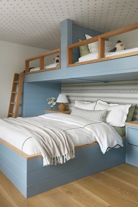 Coastal Getaway House Second Floor Reveal Attic Bedroom Bunk Beds, Boys Built In Bunk Beds, Bunk Beds Guest Room, Twin Over Full Bunk Bed Diy, Builtin Beds, Boys Room With Bunk Beds, Tiny Cottage Bedroom, Beach House Bunk Room, Beach Kids Room