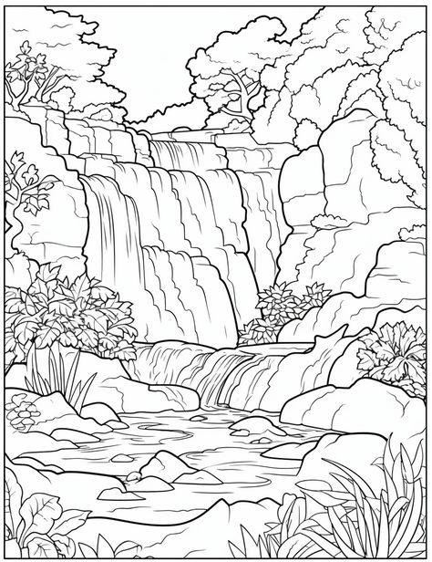 Waterfall Coloring Pages, Country Coloring Pages, Nature Coloring Pages, Waterfall Drawing, Coloring Pages Nature, Garden Coloring Pages, Detailed Coloring Pages, Free Adult Coloring Pages, Princess Coloring Pages