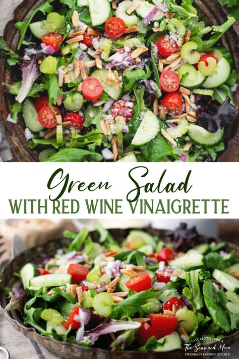 A restaurant-worthy mixed green salad that you can make at home, any night of the week! You'll love the combination of crisp lettuce, salted, toasted almonds, tomatoes, cucumbers, celery, red onion and Parmesan cheese in a quick and zippy homemade red wine vinaigrette dressing. Wine Vinegar Salad Dressing, Red Wine Vinegar Salad, Red Wine Vinegar Salad Dressing, Red Wine Vinaigrette Dressing, Homemade Red Wine, Mixed Green Salad, Homemade Dressings, Food Sides, Vinegar Salad Dressing