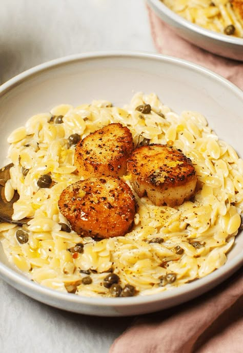 Scallop Recipes Pasta, Scallop Pasta, Mustard Cream Sauce, Lemon Caper Sauce, Caper Sauce, Tried And True Recipes, Cream Sauce Recipes, Orzo Recipes, Seared Scallops