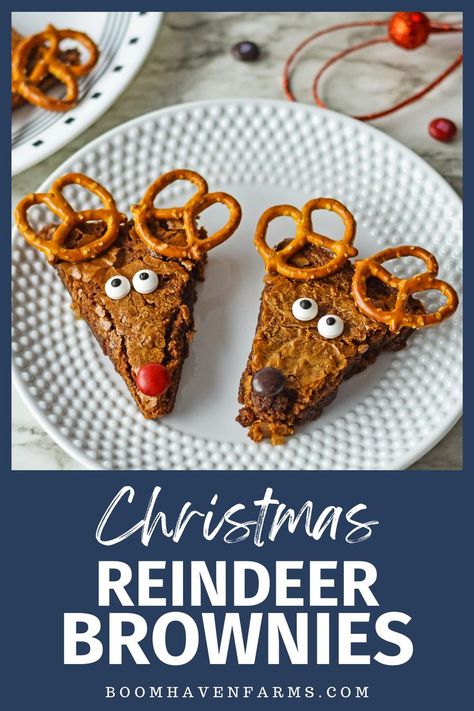 Spread holiday cheer with these festive Reindeer Brownies. A fun and easy holiday treat, these brownies are transformed into adorable Rudolph-inspired delights. Simply cut the brownies into triangles, add candy eyes, a bright m&m nose, and pretzel antlers for a delightful and tasty Christmas dessert. Get ready for some joyful baking with the kids! Brownie Reindeer, Rudolph Brownies, Brownies With Pretzels, Pretzels Christmas, Reindeer Brownies, Reindeer Brownie, Brownie Christmas, Milk Chocolate Brownies, Christmas Tree Brownies