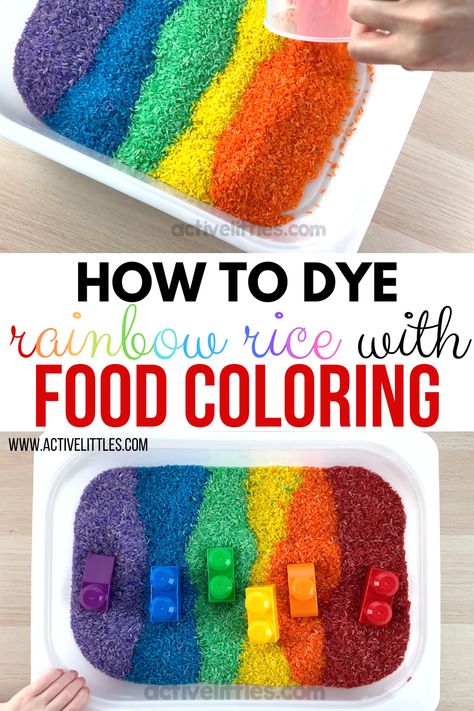 How to dye rice with rubbing alcohol? How to dye rainbow rice with paint for sensory play? All of these questions and play ideas within this post right here Food Colouring Activities For Kids, Dye Rice, Play Therapist, Sensory Tubs, Rainbow Rice, Sensory Games, Preschool Sensory, Sensory Bin Ideas, Diy Montessori