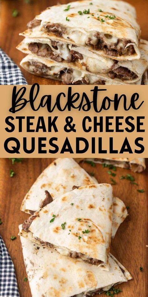 Steak and Cheese Quesadillas on Blackstone - grillonadime.com Wraps On The Blackstone, Black Stone Fajitas, Steak Quesadilla Recipes, Outdoor Griddle Recipes, Steak Quesadilla, Steak And Cheese, Griddle Cooking Recipes, Quesadilla Recipes Easy, Cheese Quesadillas