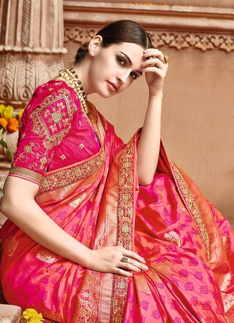 Pink Embroidered Silk Saree features a gorgeous pure silk jacquard in weaving silk saree alongside an art silk blouse. Embroidery work is completed with zari, thread, and stone. Bridal Lehenga Choli, Silk Lehenga, Varanasi, Traditional Sarees, Party Wear Sarees, Beautiful Saree, Bridal Lehenga, Embroidered Silk, Lehenga Choli