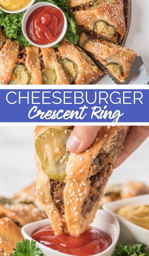 This Cheeseburger Crescent Ring is perfect as a party snack when entertaining or keep those hunger pangs at bay while hanging with family. via @familyfresh Hamburger Ring Recipe Crescent Rolls, Hamburger Crescent Ring, Cheeseburger Crescent Ring, Sloppy Joe Crescent Ring, Big Mac Crescent Ring, Food Rings Recipes, Cheeseburger Pockets Crescent Rolls, Hamburger Crescent Roll Recipes, Hand Held Appetizers