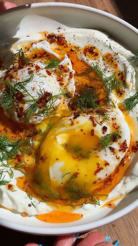 Turkish Poached Eggs, Turkish Yogurt, Turkish Eggs, Dream Restaurant, Creamy Yogurt, Instagram Breakfast, Soft Boiled Eggs, Poached Egg, Yogurt Sauce