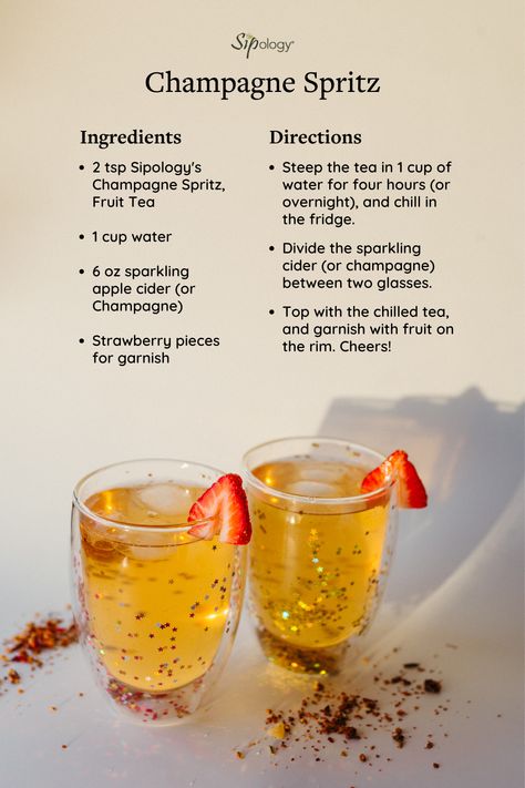 Champagne Spritz, anyone? 🥂 Try this recipe at home using Champagne Spritz fruit tea, or sub in your favorite Sipology Mixer! 🍸 All of our Mixers are specially crafted with real fruit pieces and botanicals for pairing with spirits, soda, or sparkling water. Perfect for whipping up easy, sensational cocktails (or mocktails!) with a fraction of the sugar! Sparkling Cider, Real Fruit, Steeped Tea, Fruit Tea, Sparkling Water, Tea Recipes, Mocktails, Health Wellness, Apple Cider