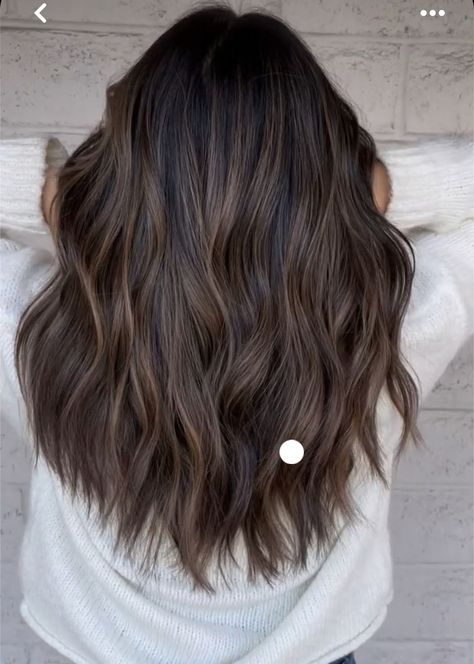 Medium Brunette With Lowlights, Ash Brown With Dark Roots, Hair Color Ideas For Medium Hair, Low Lights On Medium Brown Hair, Partial Balayage Medium Length, Medium Length Brown Hair With Lowlights, Dark Brunette With Lowlights, Lowlights On Medium Brown Hair, Partial Balayage Dark Hair