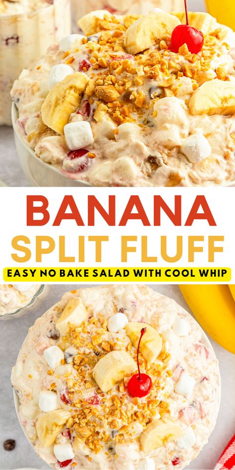 Banana Split Salad Recipe, Banana Split Salad, Banana Split Fluff Salad, Banana Split Fluff, Fruit Fluff, Marshmallow Salad, Strawberry Cheesecake Salad, Fluff Salad Recipes, Instant Banana Pudding