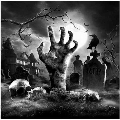 Hand Coming Out Of Grave, Graveyard Tattoo, Viking Wallpaper, Spooky Graveyard, Graveyard Scene, Halloween Chic, Happy Halloween Pictures, Skull Art Tattoo, Creepy Carnival