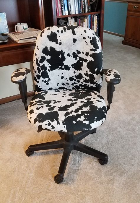 Cow Print Desk Chair, Cow Print Office Chair, Cow Print Office Decor, Cow Office Decor, Cow Print Office, Cow Print Classroom, Cow Chair, Desk Chair Makeover, Cow Print Chair