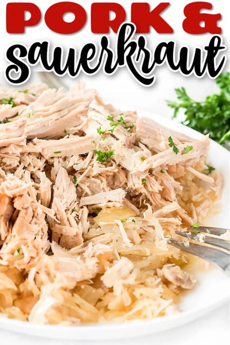 EASY PORK AND SAUERKRAUT Slow Cooker Pork And Sauerkraut Recipe, Crockpot Pork And Sauerkraut, Pork And Sauerkraut Recipe, Pork Roast And Sauerkraut, Pork Chops And Sauerkraut, Pork And Sauerkraut, Crockpot Pork Loin, Slow Cooker Pork Loin, Sauerkraut Recipe