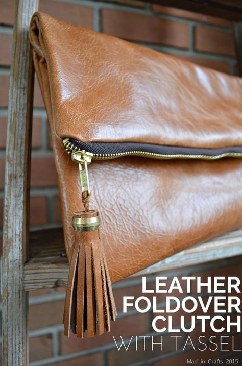 DIY Leather Foldover Clutch with Tassel - Mad in Crafts Diy Leather Envelope Clutch, Leather Clutch With Fold Over Clasp, Trendy Leather Clutch With Gold-tone Hardware, Diy Leather Tassel, Rectangular Soft Leather Clutch For On-the-go, Leather Clutch With Gold-tone Hardware, Best Leather Wallet, Tassels Tutorials, Diy En Cuir