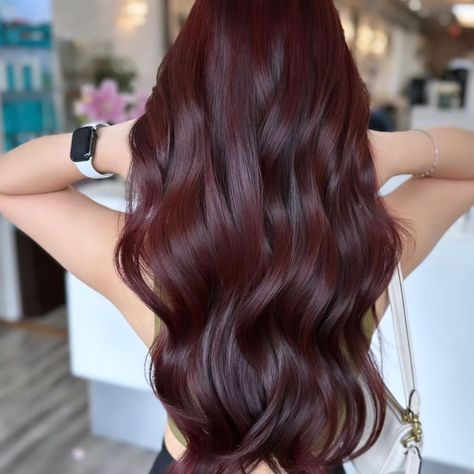 Cherry red, wine red... A red to die for... Super Dark Red Hair, Bordeaux Hair Color, Red Dark Brown Hair, Darker Red Hair, Red Hair With Brown, Cherry Wine Hair, Cherry Wine Hair Color, Cherry Cola Red Hair, Dark Cherry Red Hair