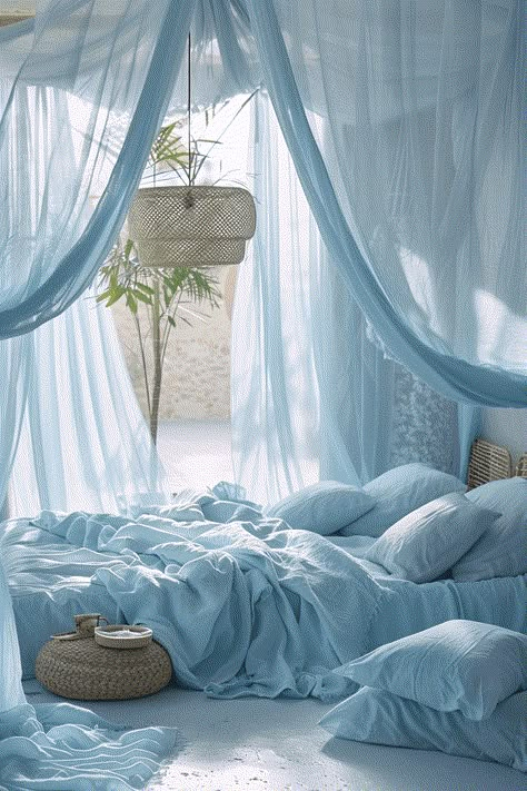 Light Blue Boho Bedroom, Eccentric Bedroom, Blue Boho Bedroom Ideas, Blue Boho Bedroom, Light Blue Rooms, Light Blue Bedroom, Mermaid Bedroom, Glitter Photography, Bedroom Oasis