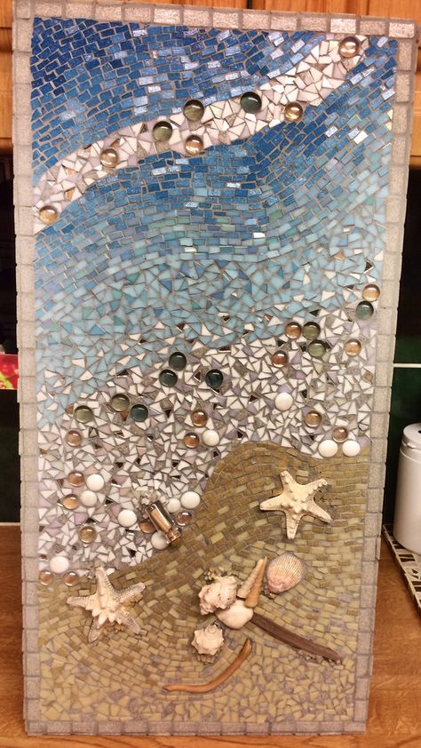 Sea Glass Mosaics, Beach Mosaic Ideas, Mosaic Projects Free Pattern, Seascape Mosaic, Mosaic Sea Life, Beach Mosaic, Abstract Mosaic Art, Sea Glass Mosaic, Mosaic Art Diy