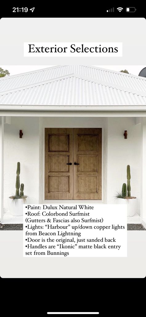 Natural White Dulux Paint Exterior, Surfmist Roof White House, Surf Mist Roof, White Modern Cottage Exterior, Colorbond Surfmist Roof, Cream Weatherboard Exterior, Dulux Natural White Exterior, Surfmist Roof Colour Schemes, Coastal Brick House Exterior